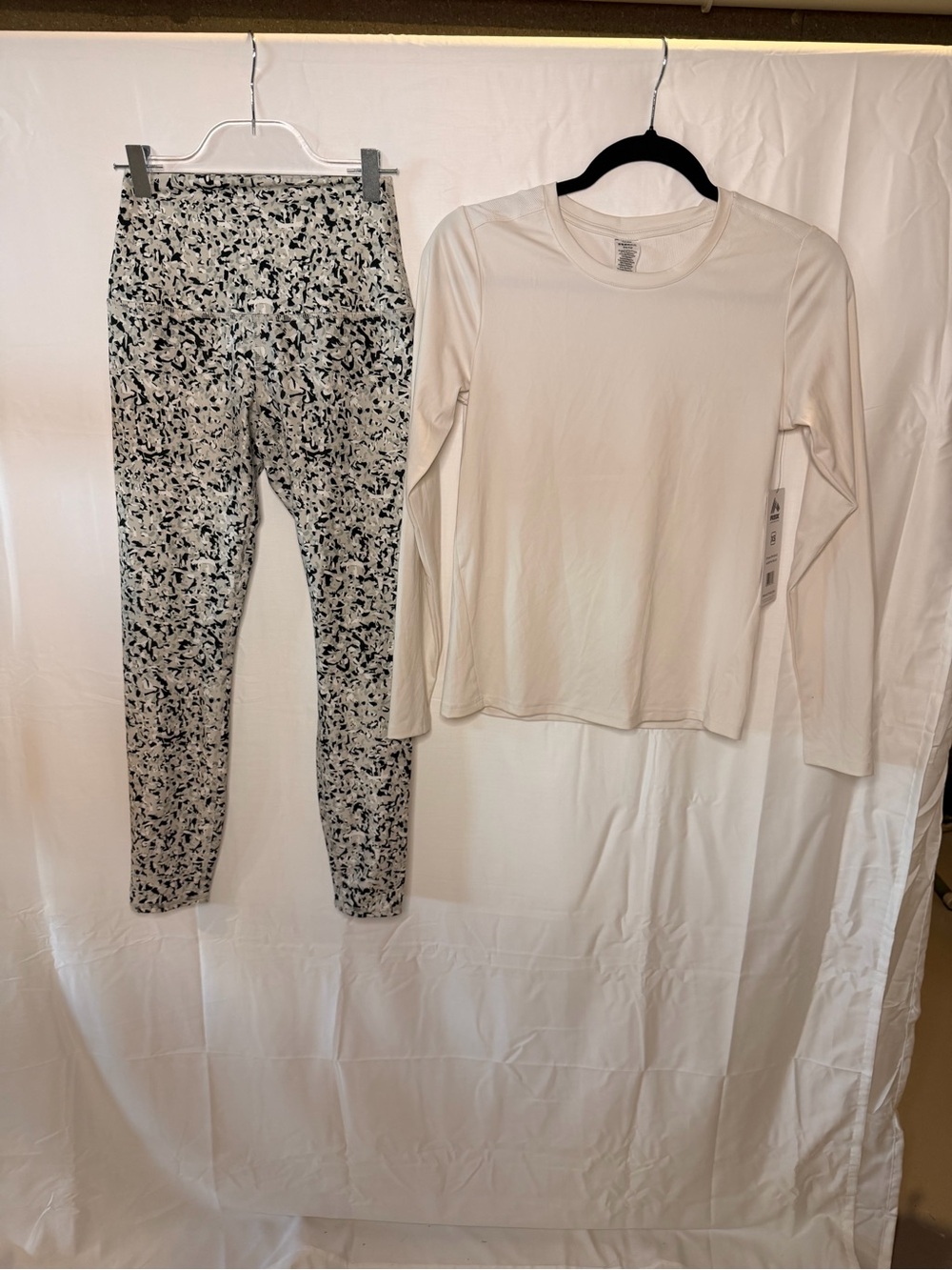 RBX Cream Long-Sleeve Top with Black-and-Cream Printed High-Waist Leggings